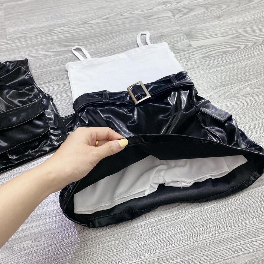 Set da 4 chi tiết: áo khoác gile, áo 2 dây, chân váy có lót trong