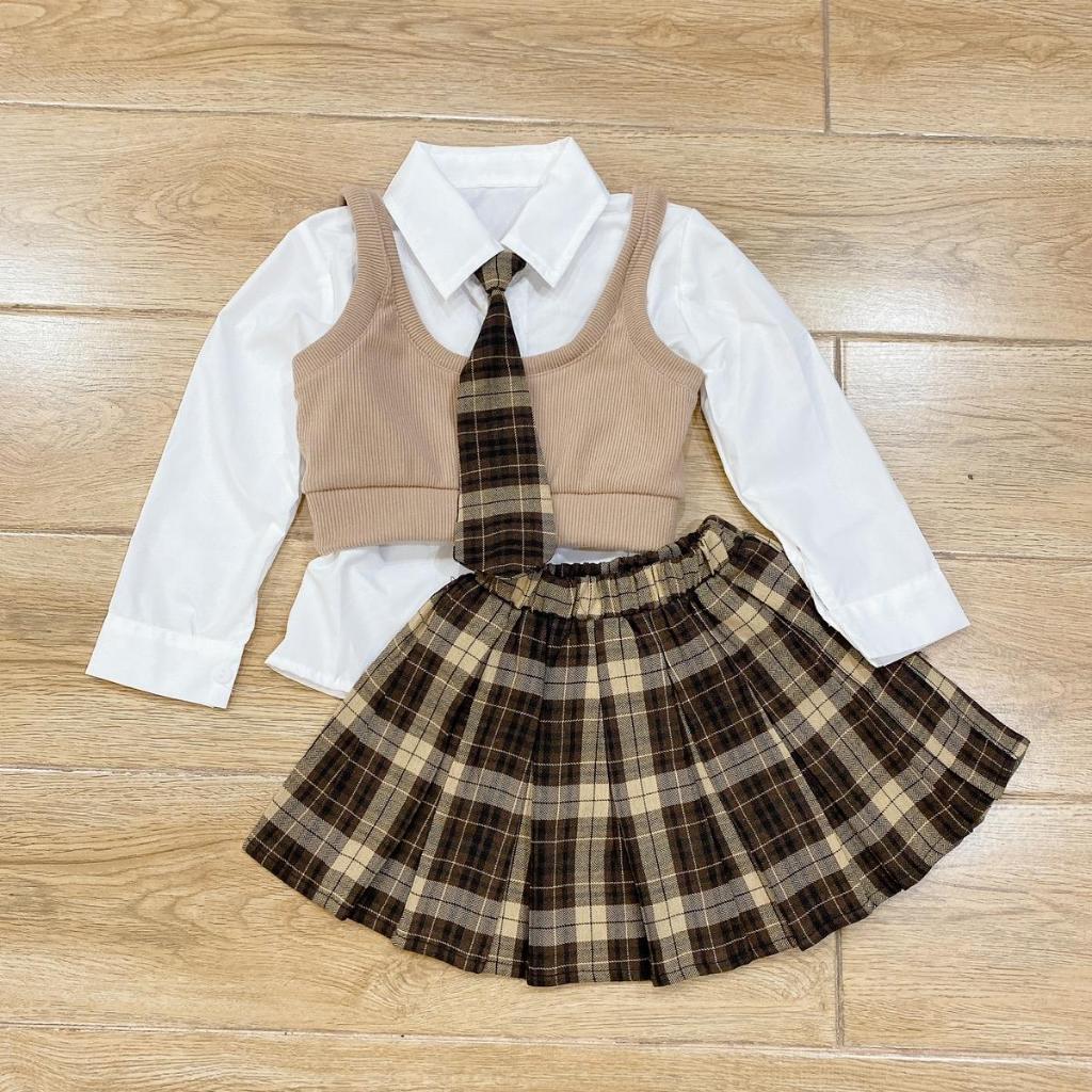 Set học sinh 4 chi tiết: áo sơmi + cà vạt + áo gile + chân váy xoè xếp ly