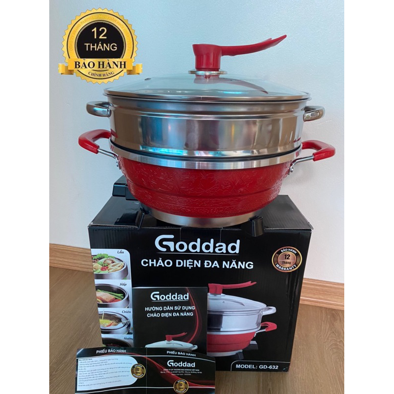 Chảo điện đa năng Nồi lẩu điện đa năng Goodad GD-632 tặng kèm xửng hấp, Bảo hành 12 tháng