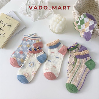 Set 10 đôi tất thổ cẩm ngắn nhún ren phong cách vintage