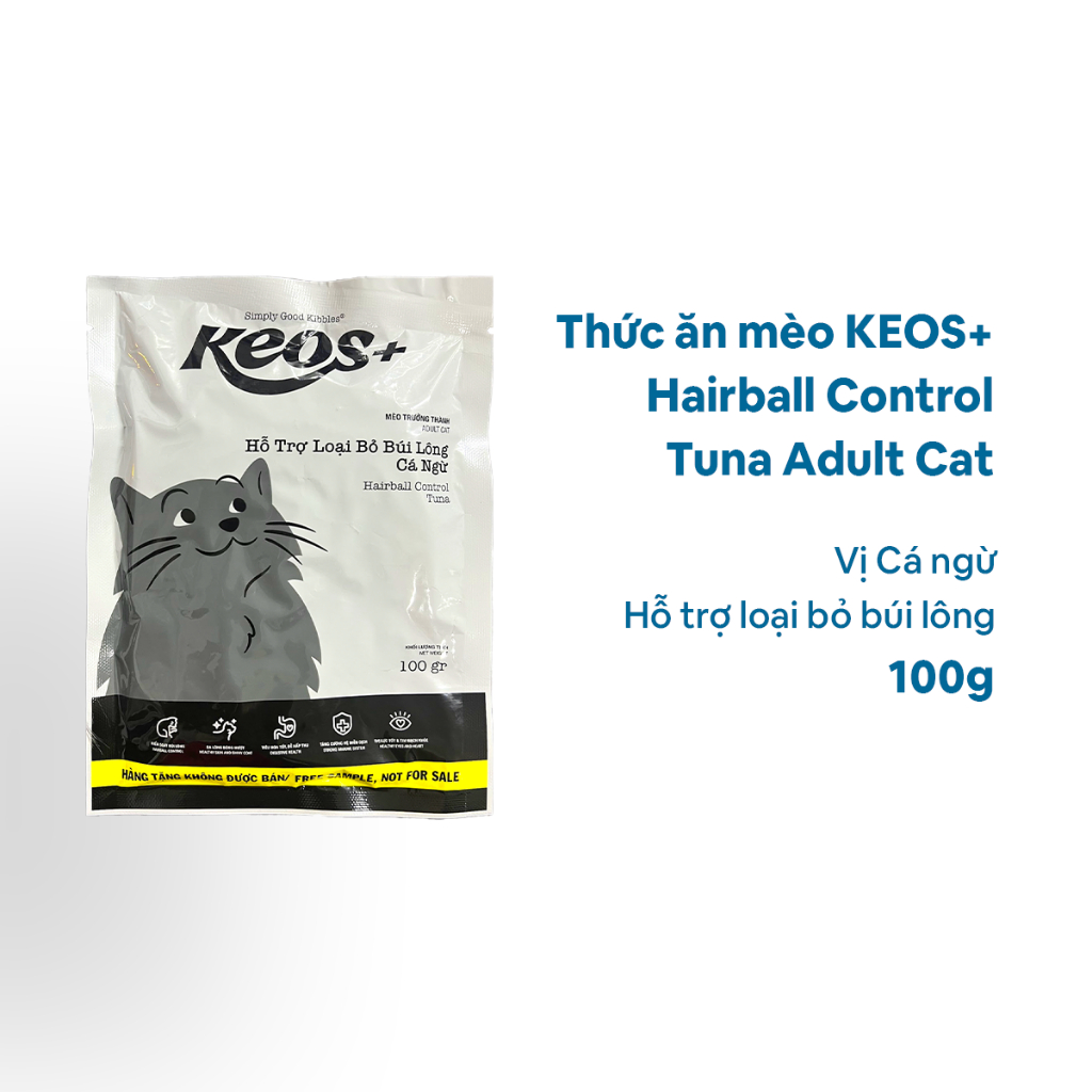 Thức ăn mèo KEOS+ Hairball Control Tuna Adult Cat 100g - Vị Cá ngừ, hỗ trợ loại bỏ búi lông Petmall