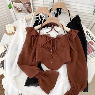 Áo bẹt vai nơ phối dây yếm cổ 10Ca, Áo kiểu Hàn Quốc Croptop tay dài vải voan mềm dáng tiểu thư sang chảnh