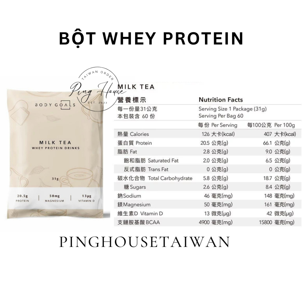 [HÀNG SẴN] Bột whey protein tăng cơ vị trà sữa thơm ngon gói nhỏ 31g nội địa Đài Loan