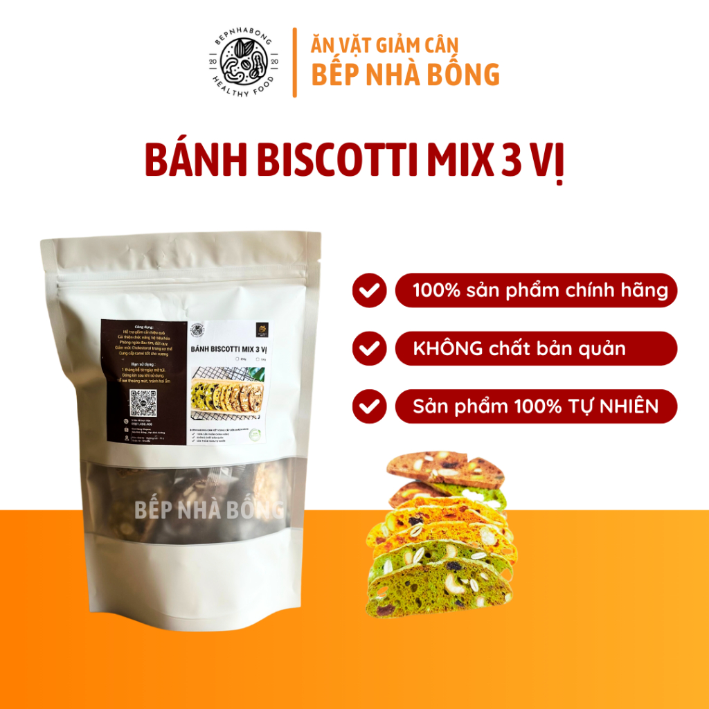 Bánh Biscotti 3 Vị Mix Giảm Cân, Ngon, Ăn Kiêng, Mẹ Bầu, Nguyên Cám Hạt Dinh Dưỡng, Bếp Nhà Bống Healthy, 250gr