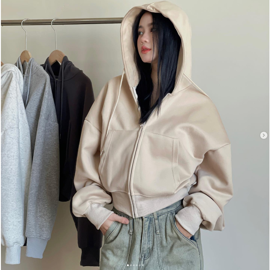 Áo khoác nỉ croptop dáng rộng siêu xinh phong cách Hàn Quốc, Áo khoác thu đông nữ hoodie zip tay bồng