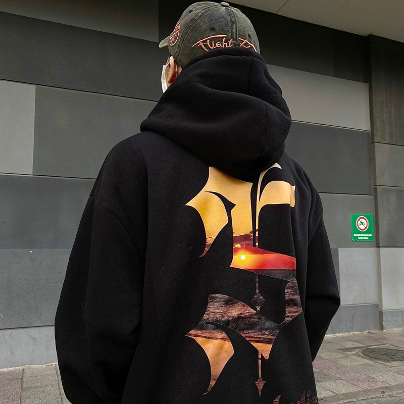 HOODIE NỈ IN LOGO HOÀNG HÔN SAMIÉ - HOODIE NỈ ĐEN FORM RỘNG - ÁO KHOÁC NỈ ĐEN IN LOGO CAM HOÀNG HÔN SAMIÉ