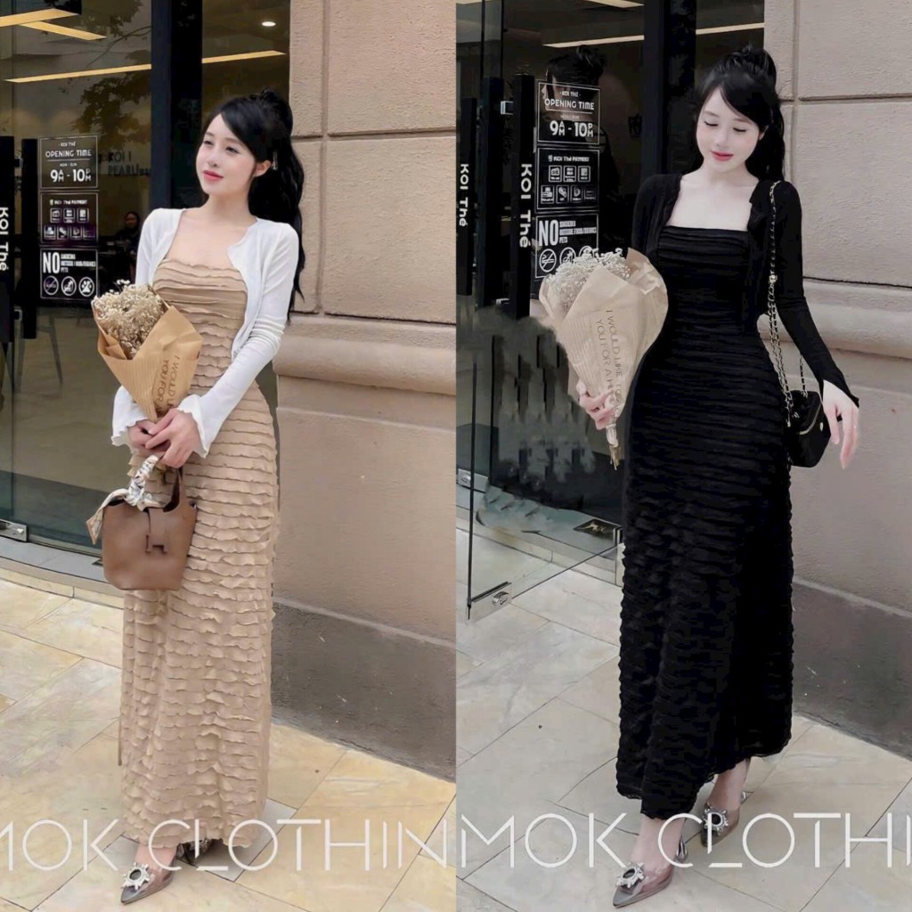 Đầm Váy Nữ Dự Tiệc,Đầm Body 2S Dáng Dài Ren Cao Cấp Kèm Áo Khoác Gân Tăm 2 Màu Tối Giản Y Hình,TrẻTrung Sang Chảnh