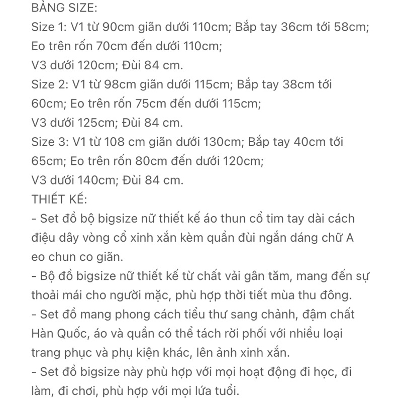 Set quần áo bigsize thun gân 60-90kg