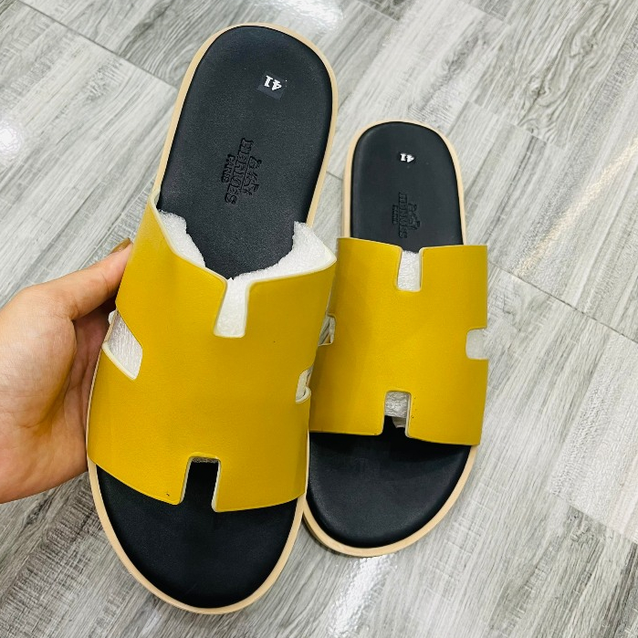 Dép lê nam HM Quai Vàng bản quai da bò  đế phíp cao cấp