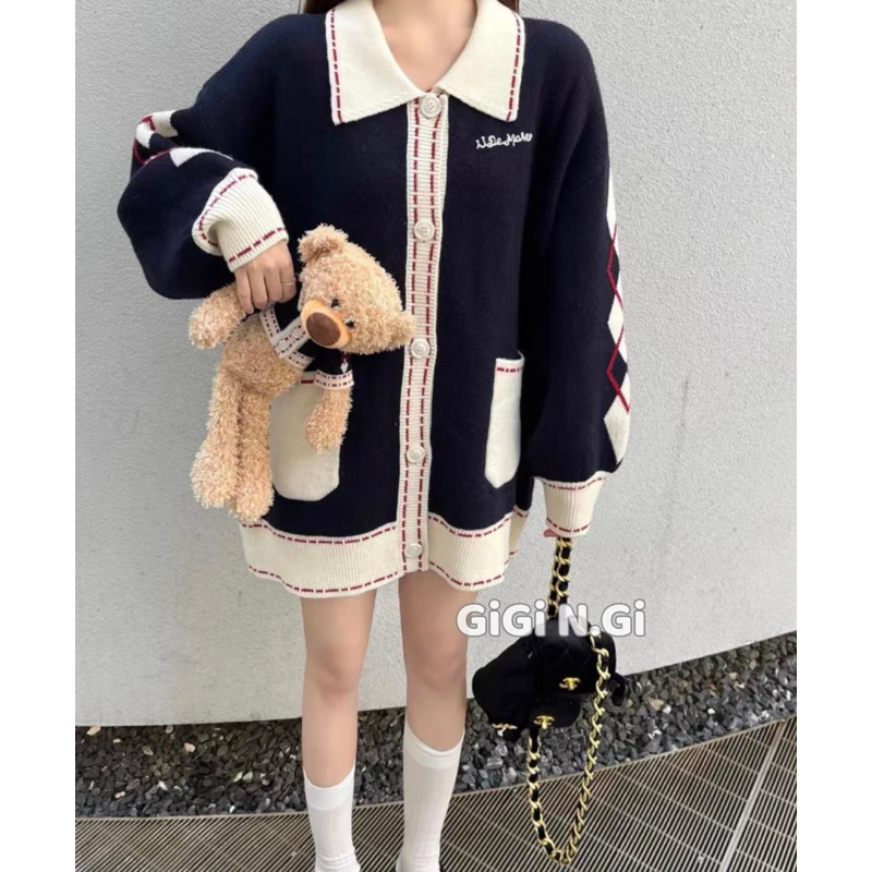 Áo khoác len cadigan 13DE phối viền đỏ