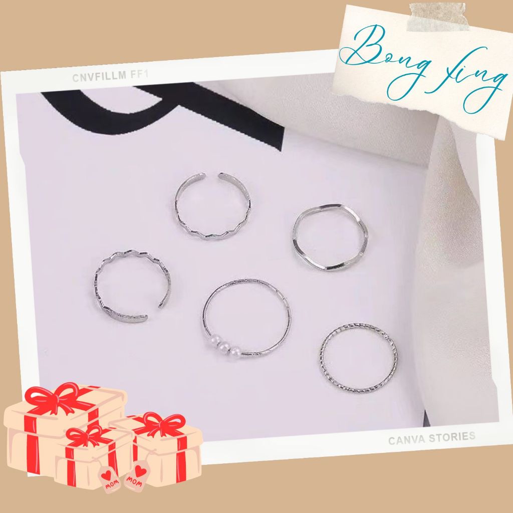 Set 5 Nhẫn Đeo Tay Mạ Bạc Đơn Giản Thời Trang Cho Nữ Sinh N13