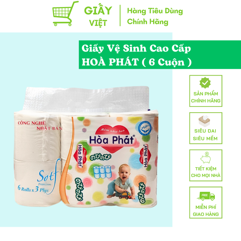 Giấy Vệ Sinh Hoà Phát, Giấy Vệ Sinh Không Lõi 3 Lớp 6 Cuộn 120m Siêu Dai Siêu Mềm Mịn Không Bụi Không Bở