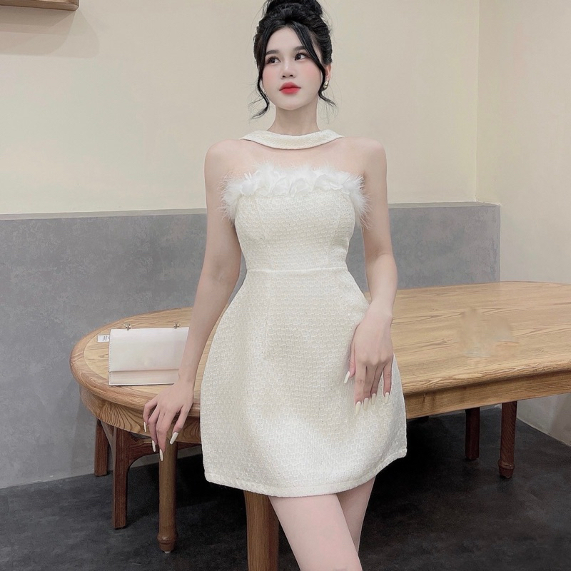 Váy Dạ Nhũ Quây Hoa Lông Dây Cổ