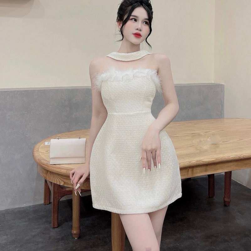 Váy Dạ Nhũ Quây Hoa Lông Dây Cổ