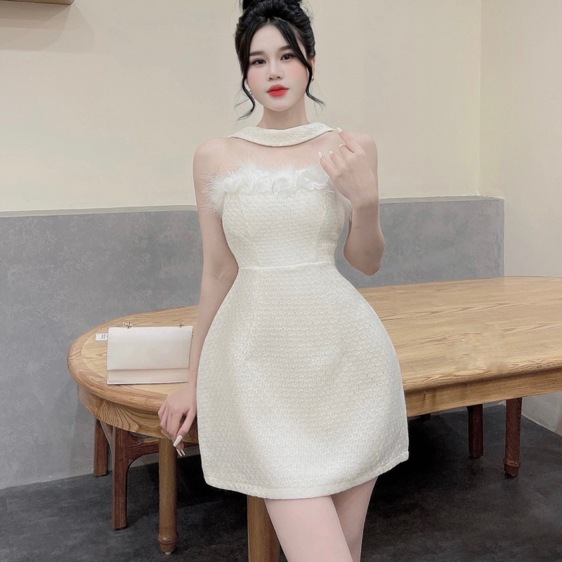 Váy Dạ Nhũ Quây Hoa Lông Dây Cổ