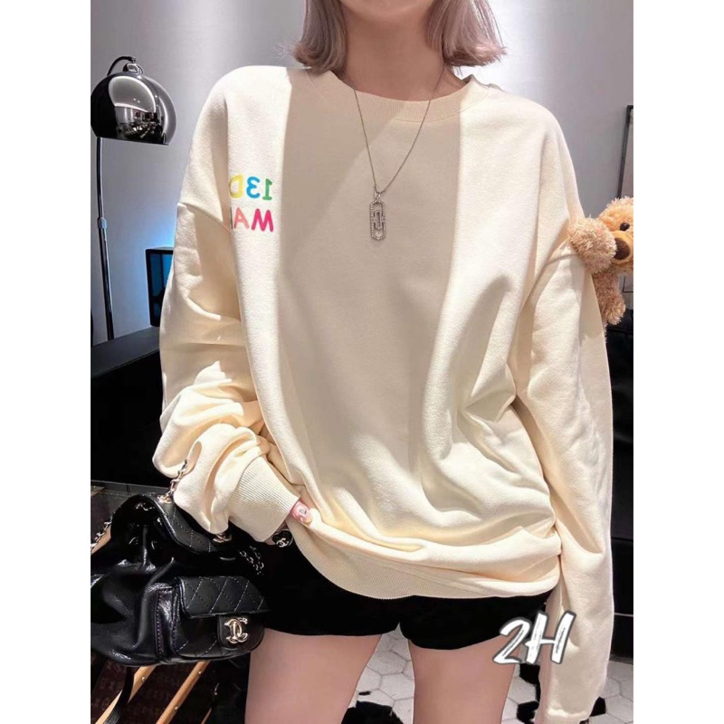 Áo sweater nỉ dài tay cổ tròn màu da tay đính gấu bông 13DE MARZO dễ thương