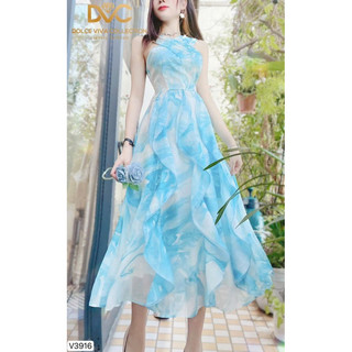 Đầm nữ dự tiệc, đầm xoè bèo cổ yếm đóng hạt cườm chất vải Voan Hoa cao cấp,