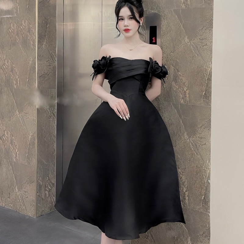 Váy Tapta Quây Chéo Ngực Tay Hoa Hồng