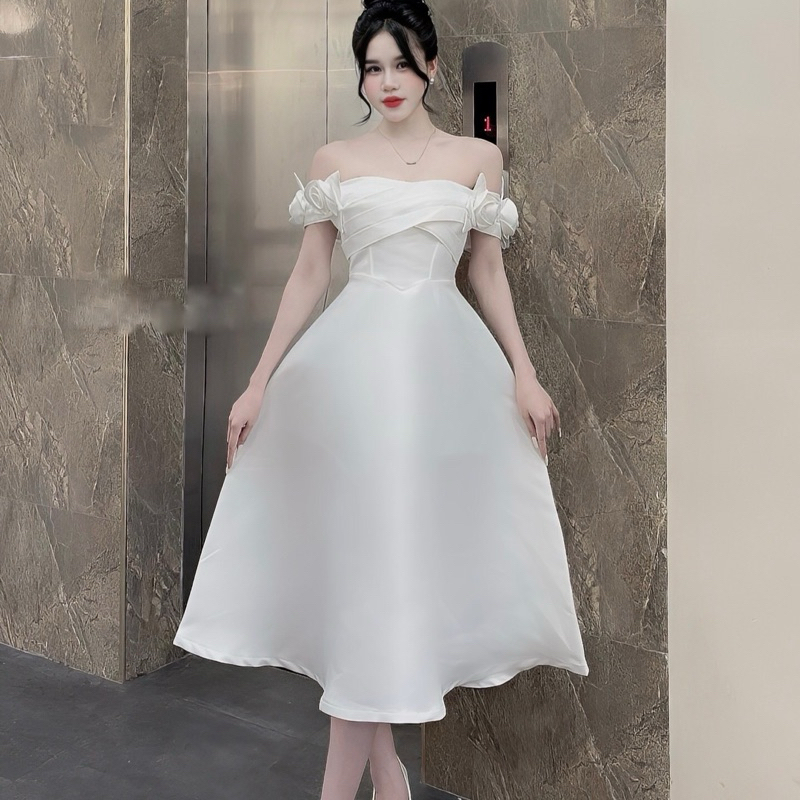 Váy Tapta Quây Chéo Ngực Tay Hoa Hồng