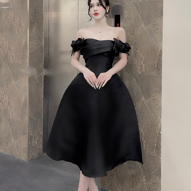 Váy Tapta Quây Chéo Ngực Tay Hoa Hồng