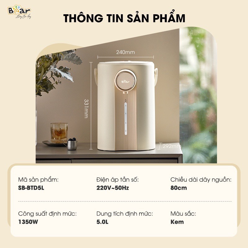 Bình Thuỷ Điện Bear 5L Tự Động  ZDH-H50E1  Khử Clo - Bảo Hành 12 Tháng