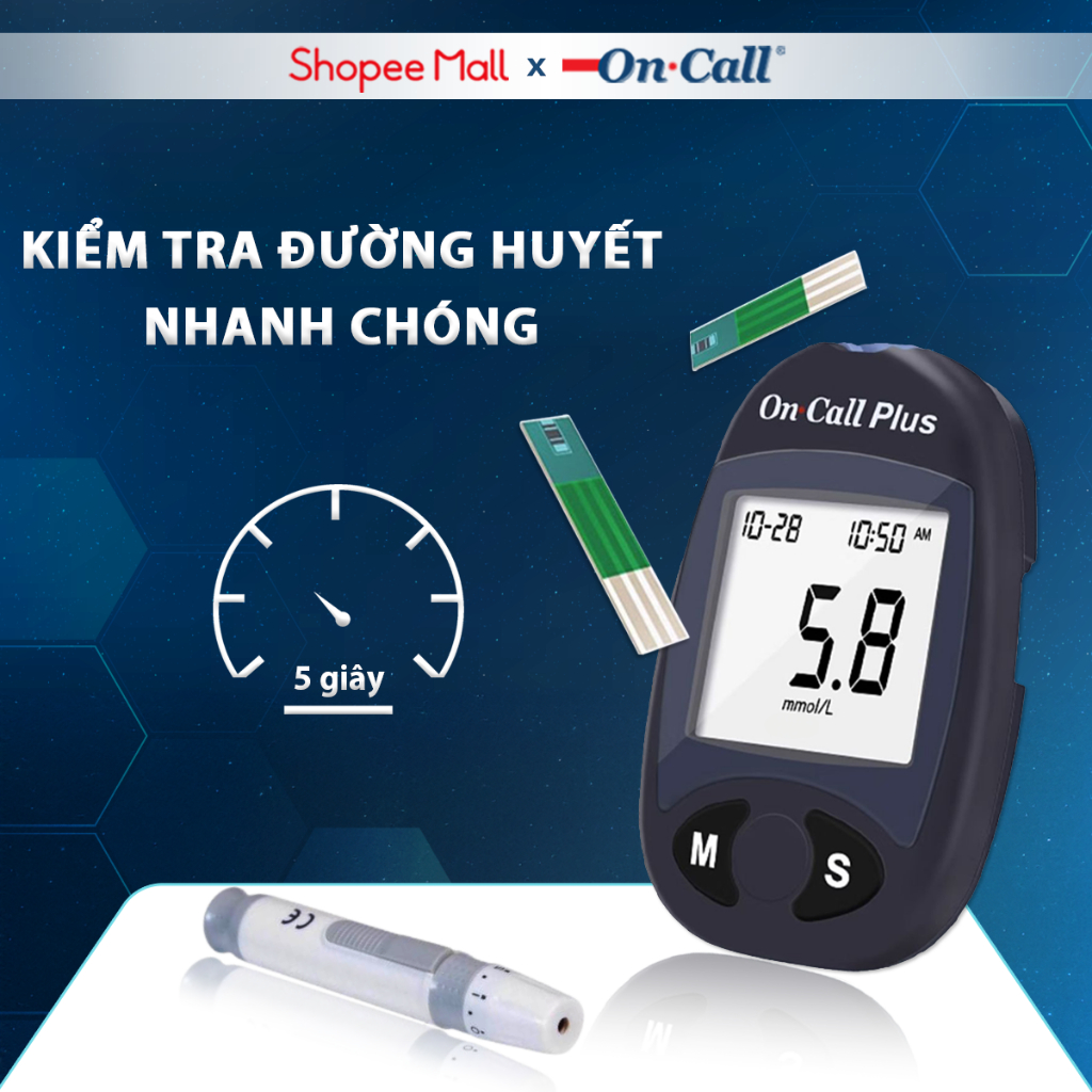 Máy Đo Đường Huyết On Call Plus Kèm Hộp 25 Que Thử Đường Huyết On Call Plus Và 100 Kim Chích Máu [Bảo Hành Trọn Đời]