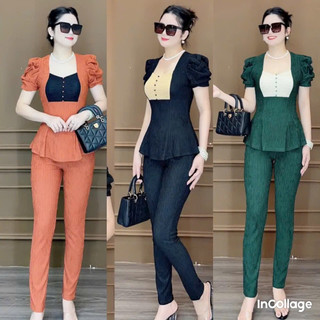 Sét Bộ Quần Dài Áo Phom A Siêu Che Bụng,Tay nhúng đính nút trước ngực Bigszie Nữ 60-95kg