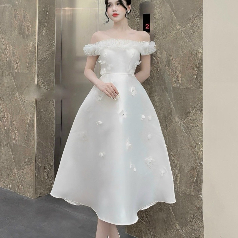 Váy Tapta Trễ Vai Lưới Xếp Đính Hoa Đá