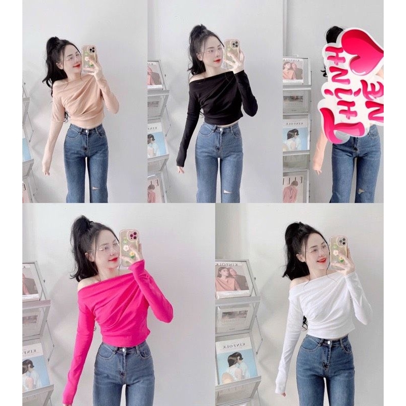 Áo Croptop Tay Dài Đắp Chéo Trễ Vai Ôm, thun borip xịn ạ ☺️☺️☺️Ng