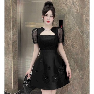 Đầm chữ a tapta phối vân mây tay phồng kết cườm đá đính bông y hình