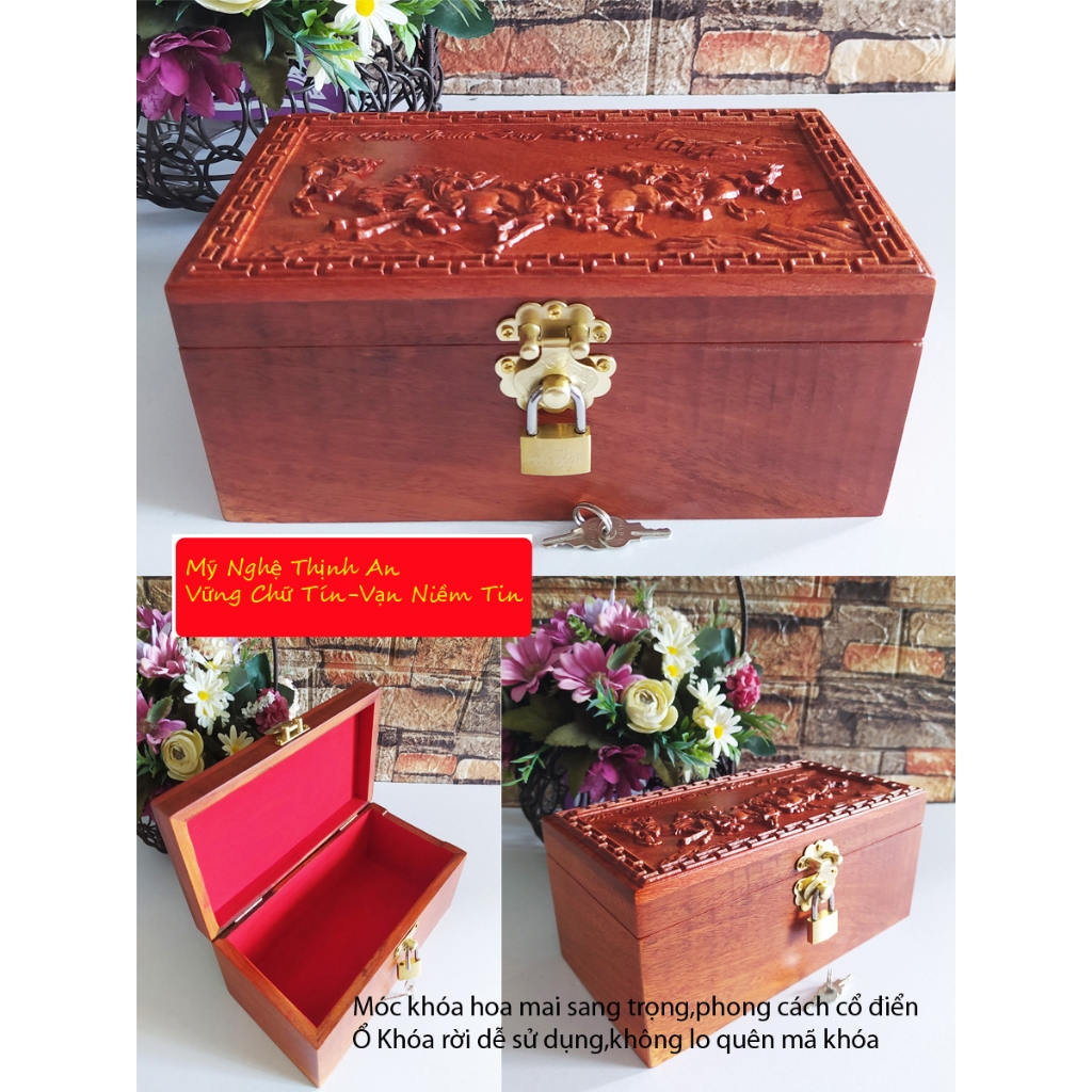 Hộp đựng trang sức,tiền,con dấu gỗ hương trạm tích Tùng Hạc kèm ổ khóa an toàn - HCH22K