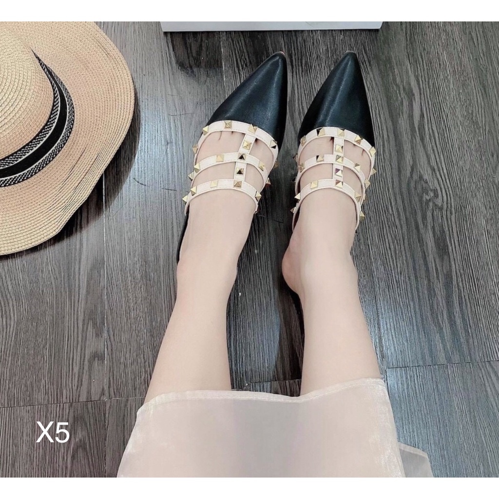 Giày Cao Gót Mũi Nhọn Đinh Tán Sandal Nữ 2 Phân Viền Đinh Tán Khoét Eo