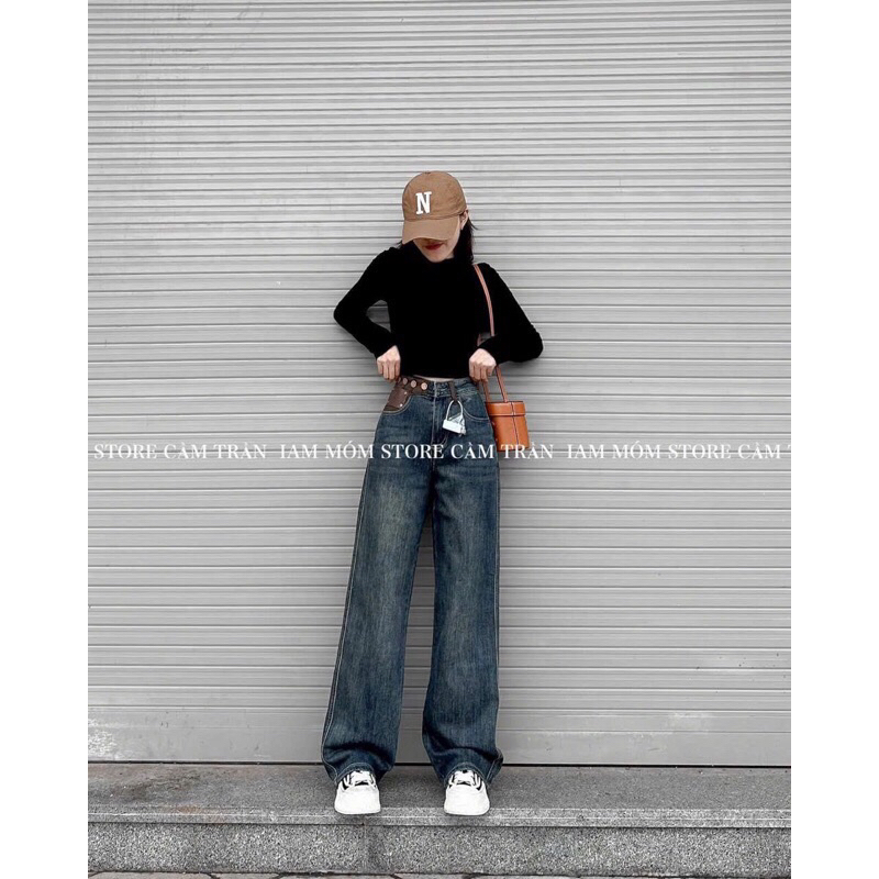 Quần jeans denim ống suông thêu mác da hot trend#5551