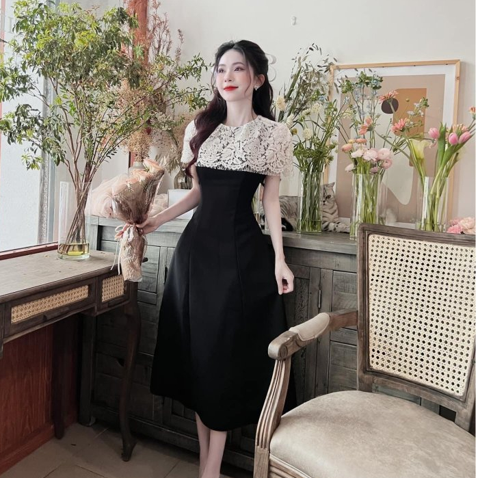 Đầm váy nữ dáng xòe chất vải tuyết mưa phối ren nhìn sang lắm luôn