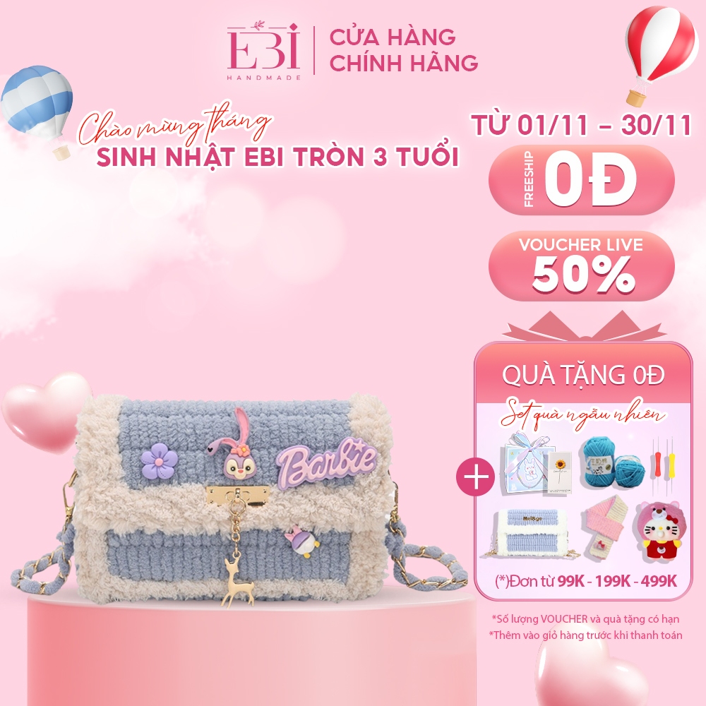 Túi tự đan EBI HANDMADE len viền xù mác nai mix hình charm thỏ barbie ngộ nghĩnh cute làm quà tặng bạn gái - ES57