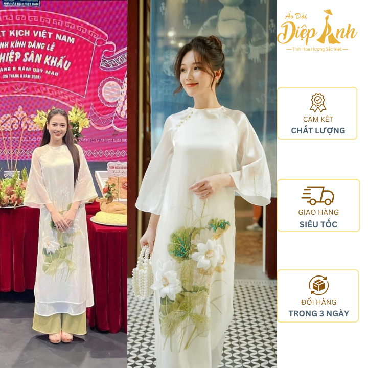 Áo Dài Cách Tân Dáng Suông -Tơ Organza cao cấp,Họa Tiết Đính Kết Hoa Sen