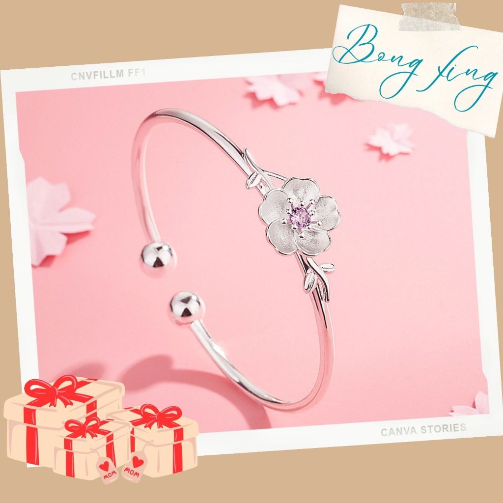 Vòng Đeo Tay Cuff / Lắc Tay Cuff Hoa Anh Đào Đính Đá Xinh Xắn Cho Nữ Sinh