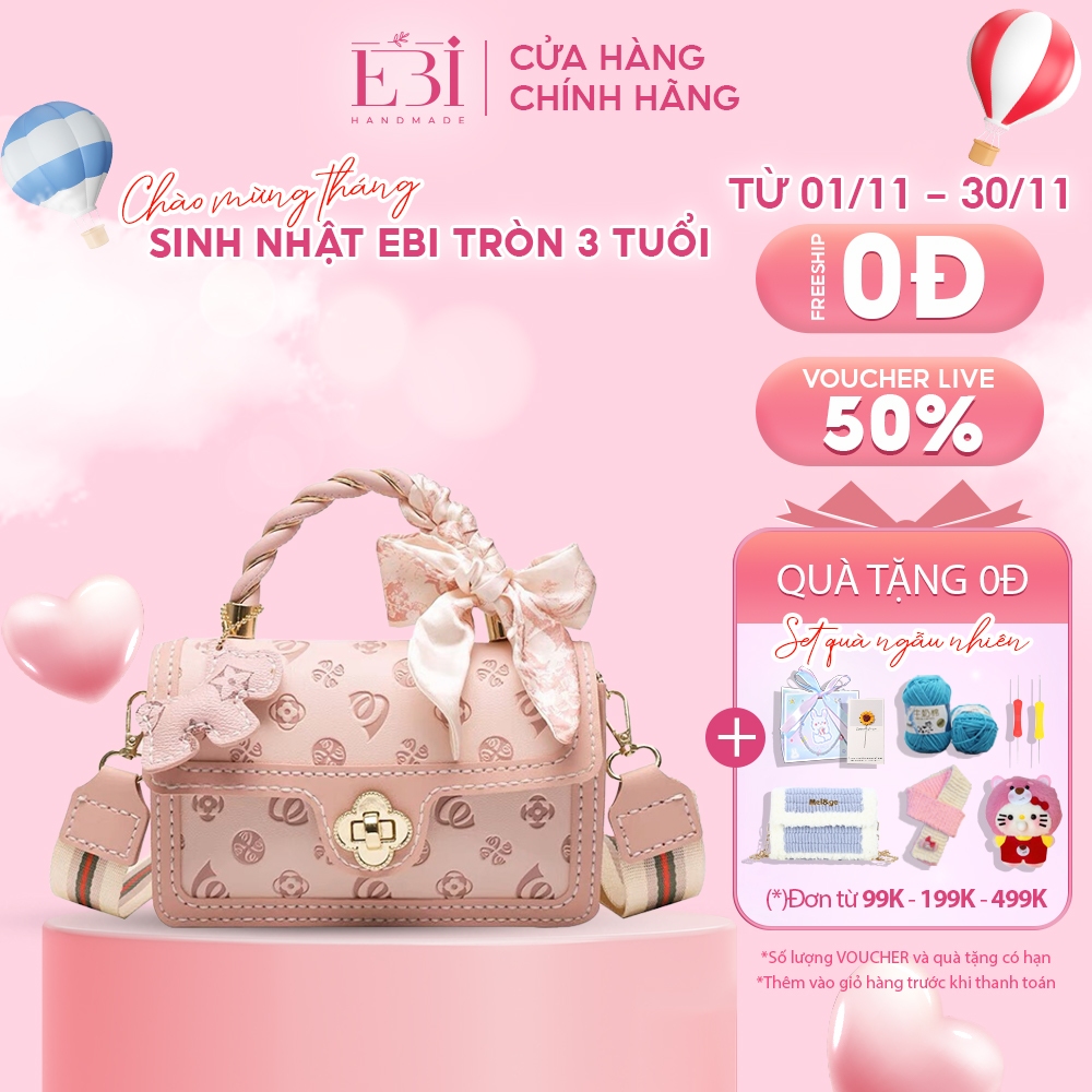Túi xách EBI HANDMADE tự đan diy da Pu hoạ tiết dập nổi mẫu mới có viền khóa hình bông hoa 4 cánh sang trọng - ES66