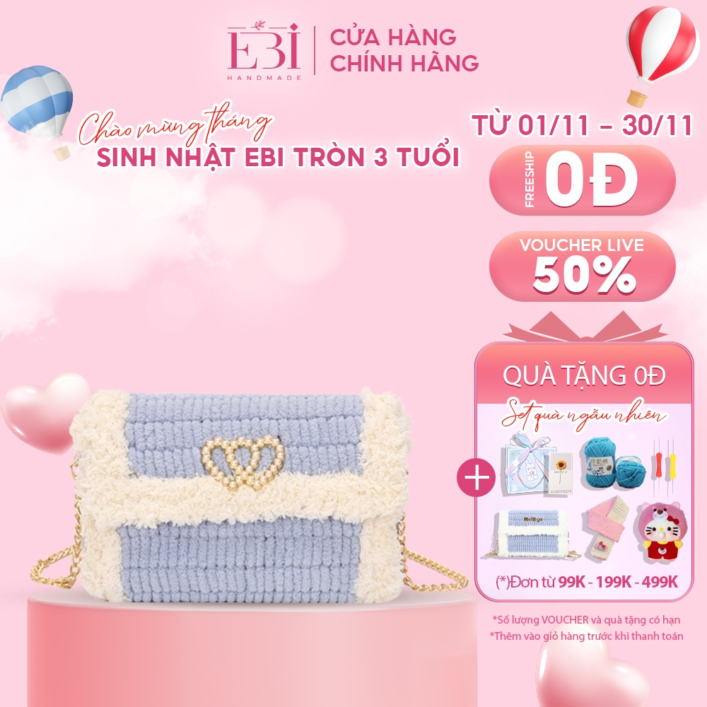 Túi tự đan EBI HANDMADE len nhung phối viền xù mác trái tim DIY xinh xắn - ES73