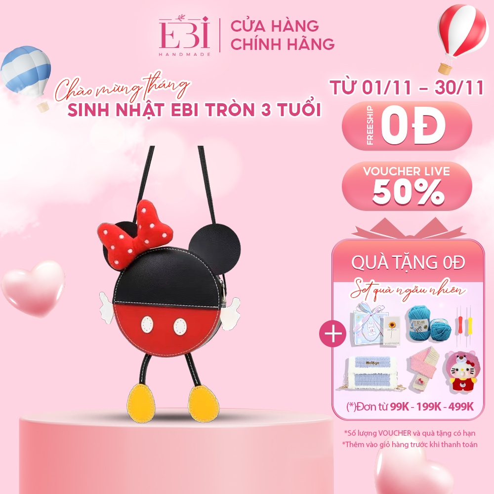 Túi da tự đan EBI HANDMADE hình chuột mickey cài nơ dễ thương - ES76