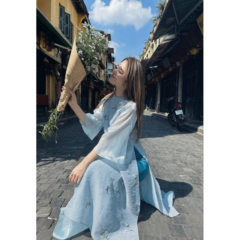 Áo dài Nhã trâm xanh nhạt nhàng họa tiết thêu hoa cao cấp Vải tơ đẹp 4 tà mềm mại hàng thiết kế bán giá rẻ