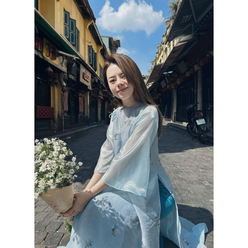 Áo dài Nhã trâm xanh nhạt nhàng họa tiết thêu hoa cao cấp Vải tơ đẹp 4 tà mềm mại hàng thiết kế bán giá rẻ