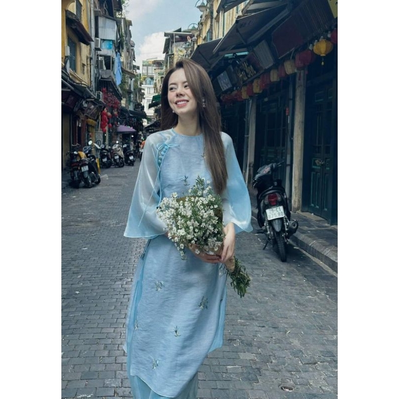 Áo dài Nhã trâm xanh nhạt nhàng họa tiết thêu hoa cao cấp Vải tơ đẹp 4 tà mềm mại hàng thiết kế bán giá rẻ