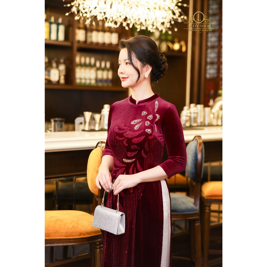 Áo Dài nhung cổ tàu vuông đá sọc Ladyshop thời trang trung niên cao cấp T322