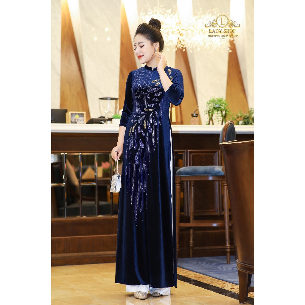 Áo Dài nhung cổ tàu vuông đá sọc Ladyshop thời trang trung niên cao cấp T322