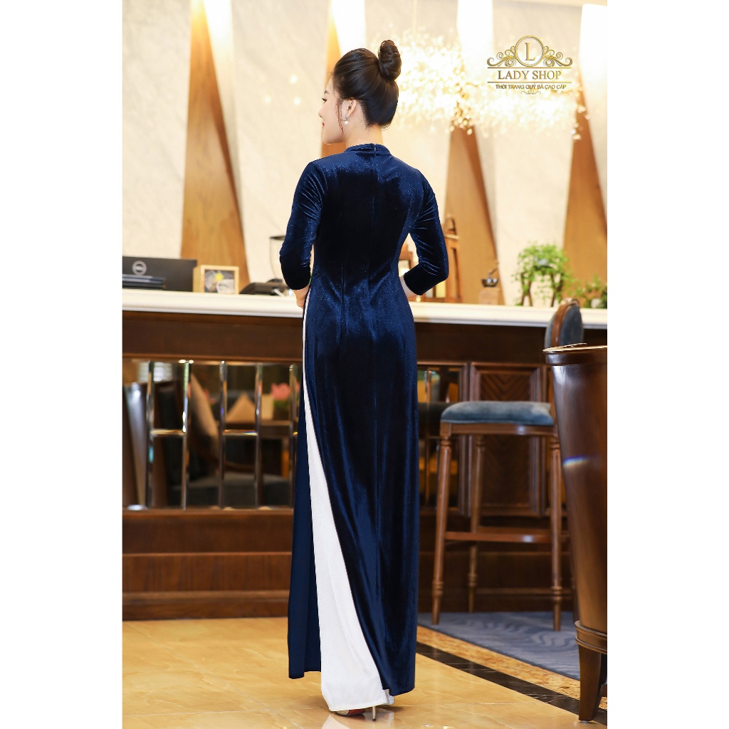 Áo Dài nhung cổ tàu vuông đá sọc Ladyshop thời trang trung niên cao cấp T322
