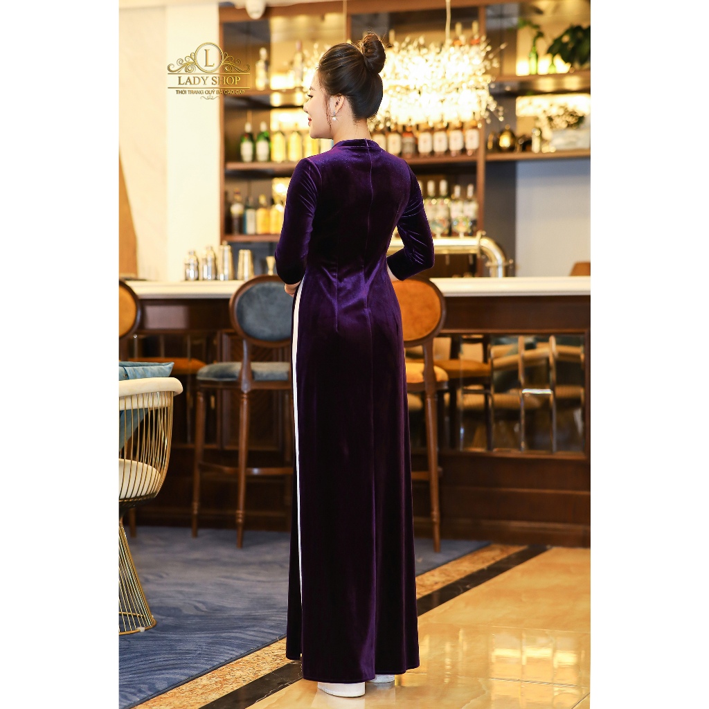 Áo Dài nhung cổ tàu vuông đá sọc Ladyshop thời trang trung niên cao cấp T322