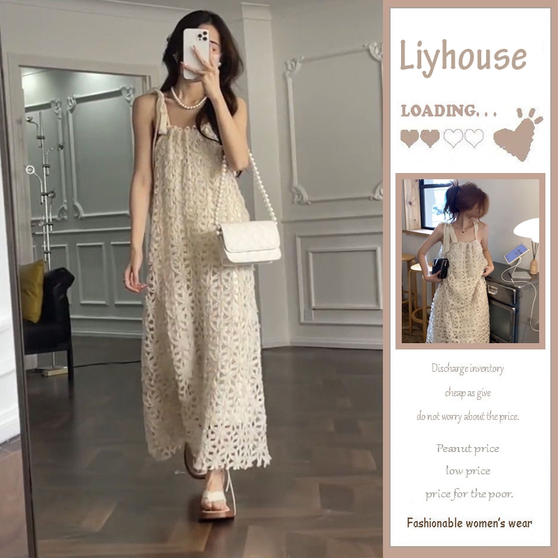 Váy ren cổ yếm dịu dàng, váy ren dáng dài chất tơ lụa phong cách vintage Pháp
