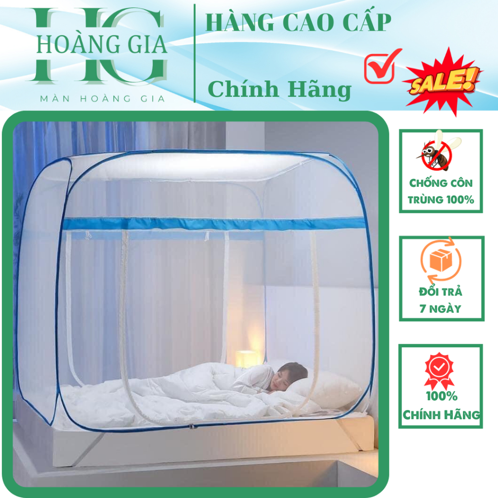 Màn Chụp Tự Bung Đỉnh Vuông, Viền Xanh, Viền Hông, Viền Nâu, Kích Thước 1m6, 1m8, 2m Hoàng Gia