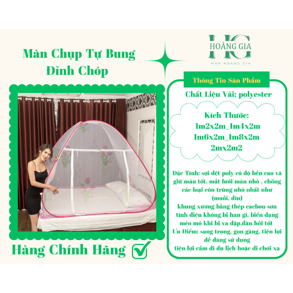 Màn Chụp Tự Bung Đỉnh Chóp, Kích Thước 1m2, 1m4, 1m6, 1m8, 2m Hoàng Gia